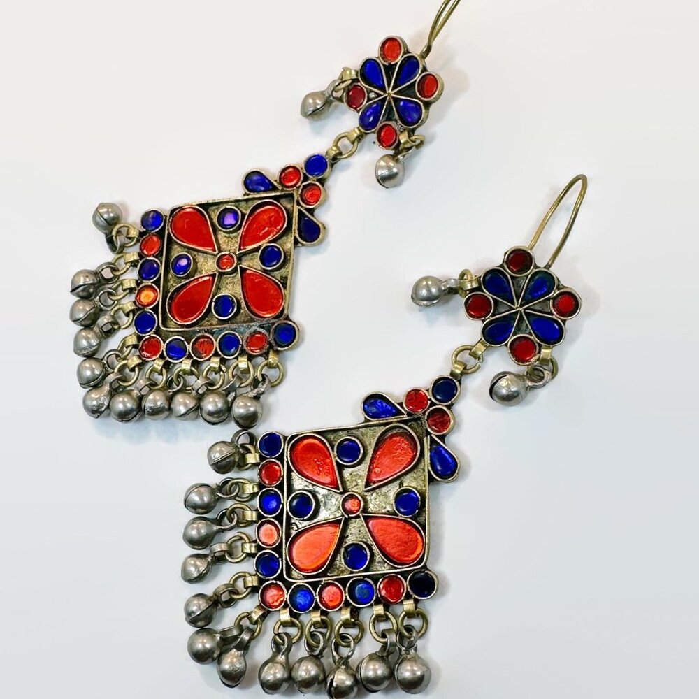Red Earrings, Cobalt Blue, Massive, Boho, Vintage Earrings, Middle Eastern,Jewel
